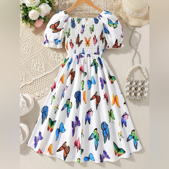 Girls Butterfly Print Puff Sleeve Dress - Picture 2 of 4